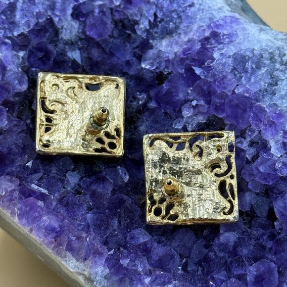 Baroque Revival Gold Stud Earrings - Faux Cloisonné Swirl Enamel - Vtg 80s - Picture 6 of 6